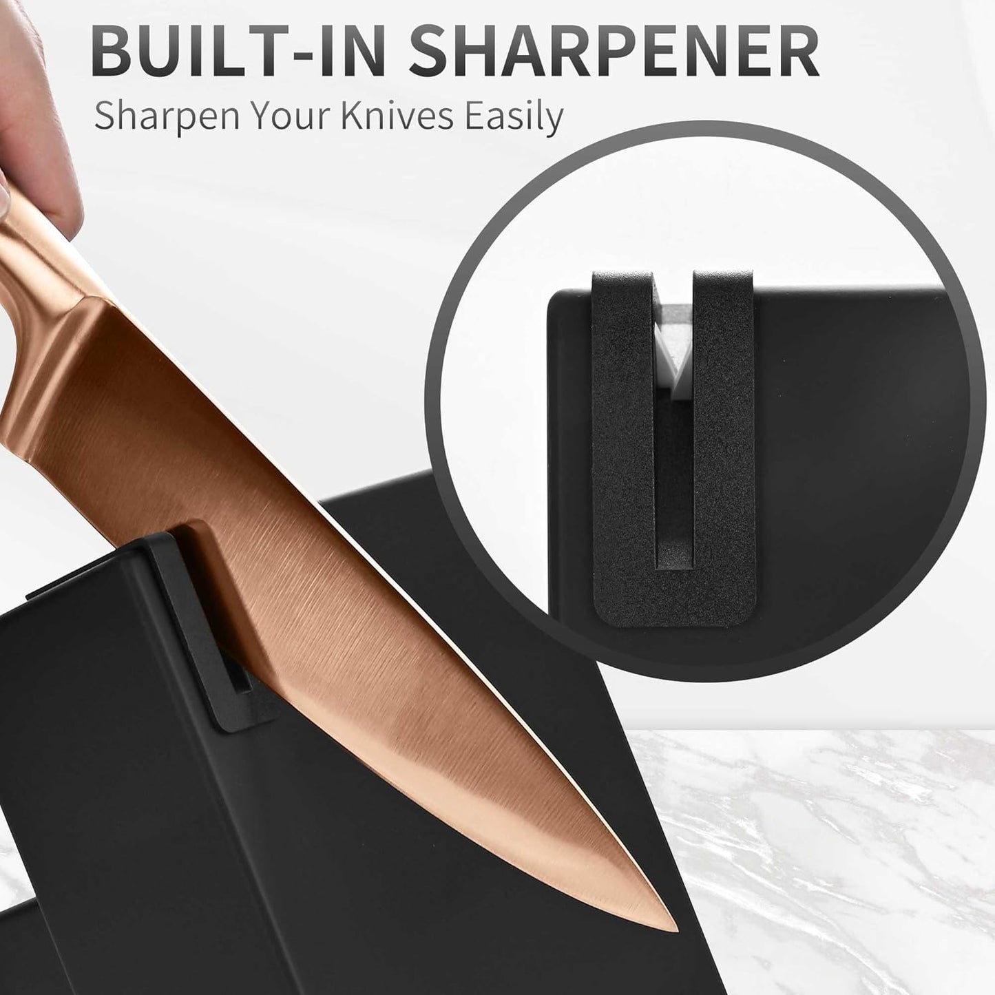 Black Knives Set, 15-Piece Stainless Steel Kitchen Knife Block Sets with Built-In Sharpener, Professional Knife Set with Scissors, Steak Knives