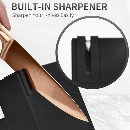 Black Knives Set, 15-Piece Stainless Steel Kitchen Knife Block Sets with Built-In Sharpener, Professional Knife Set with Scissors, Steak Knives