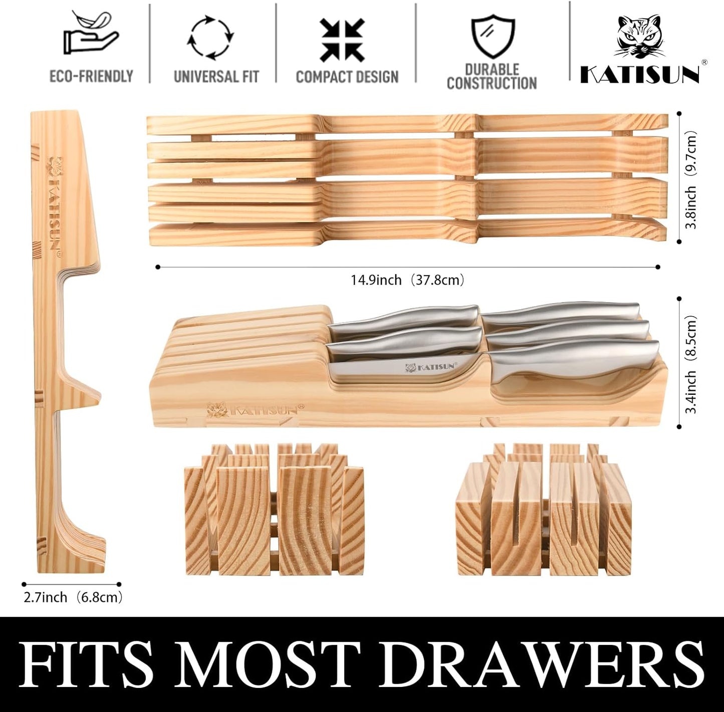 Kitchen Knife Set, 6 Pieces Knife Block Sets with Pine Knives Drawer Organizer, Perfect for Home and Chefs, Premium Knife Holder, Gift for Holiday and Housewarming