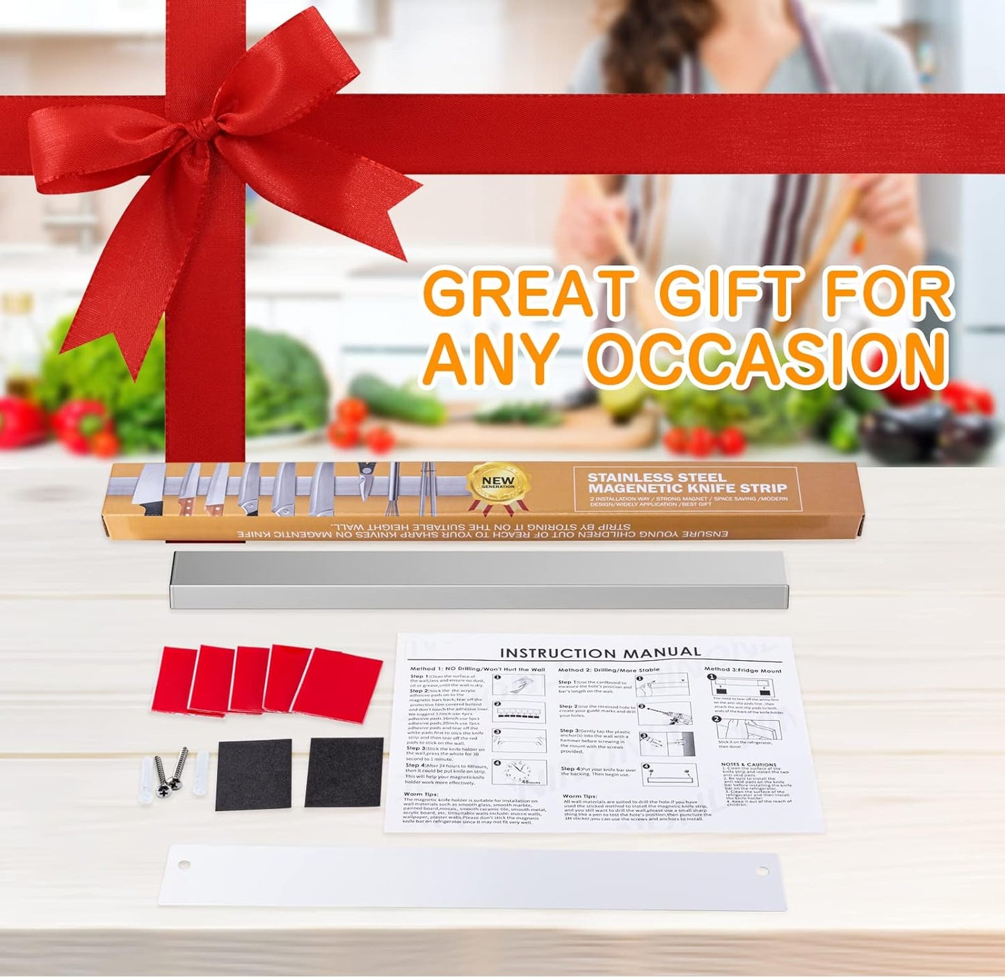 Ninonly 10 Inch Magnetic Knife Holder for Refrigerator, Stainless Steel Double Sided Magnet Knife Strip for Wall, No Drilling Magnetic Knife Rack with Powerful Magnetic Pull Force Fridge Applicable