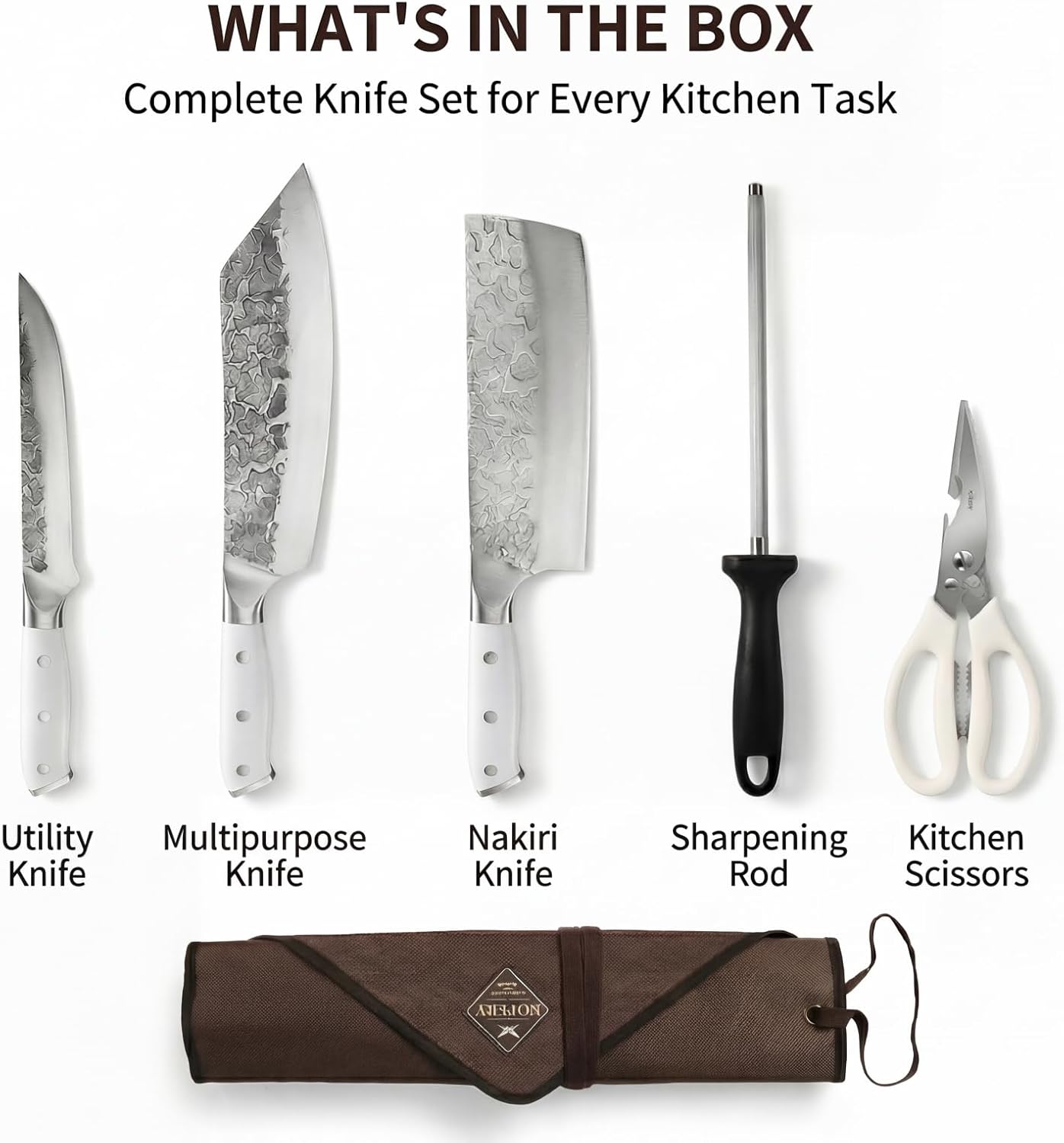 KOFERY Damascus Steel Butcher Knife Set with Full Tang Blades for Pit Master BBQ Meat Carving, Smoking Meat & Game Processing with Canvas Knife Roll for Camping, Gift for Men
