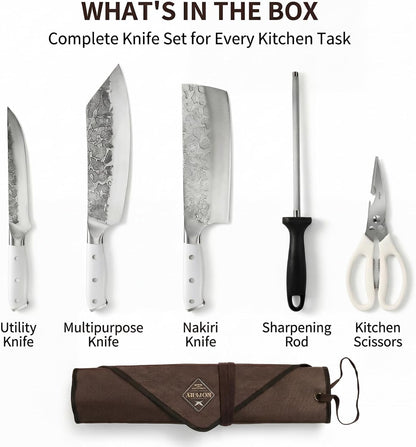KOFERY Damascus Steel Butcher Knife Set with Full Tang Blades for Pit Master BBQ Meat Carving, Smoking Meat & Game Processing with Canvas Knife Roll for Camping, Gift for Men