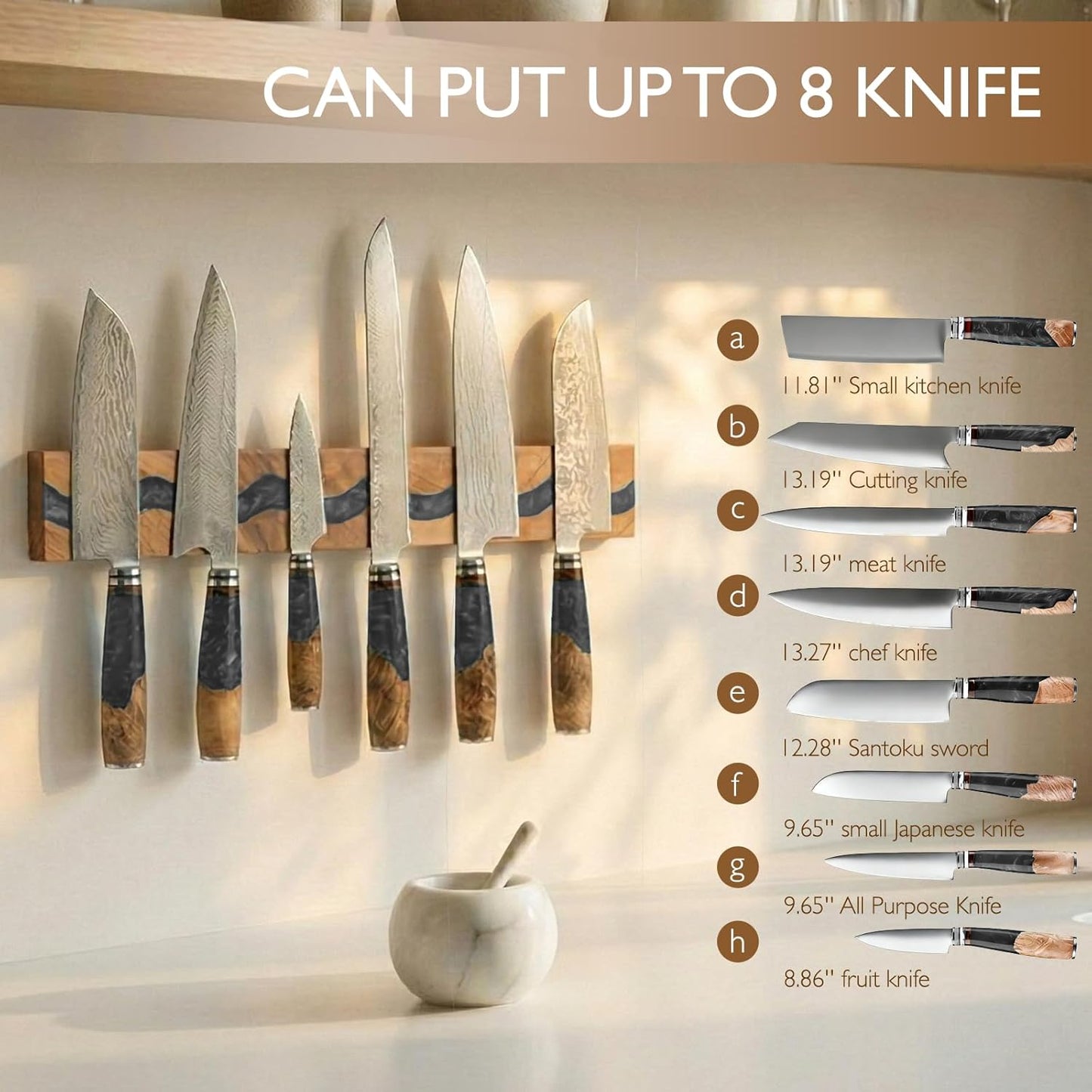 Magnetic Knife Holder, 15.7 Inch Walnut Wood and Resin Magnetic Knife Bar for Wall, Heavy Duty Magnet Holds 8 Knives, Handcrafted Ocean Blue (Ocean's Embrace)