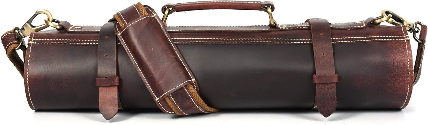Tolredo Top Grain Buffalo Leather Chef Knife Roll Case 10 Slot and 1 Zipper Pocket for Culinary Storage Portable Bag with Detachable Shoulder Strap (Walnut, 29.5" X 20")