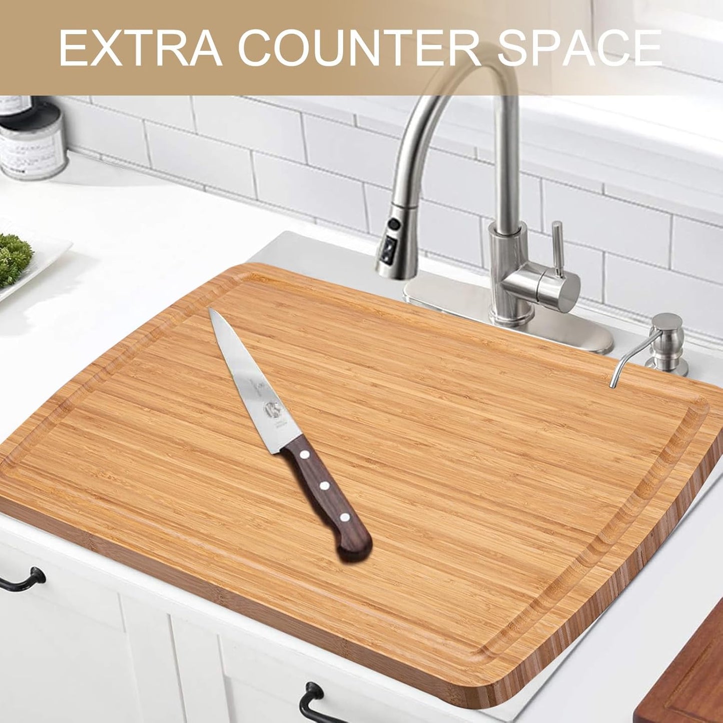 24" Bamboo Cutting Boards for Kitchen, Extra Large Wood Cutting Board with Deep Juice Groove and Handle, Over the Sink Chopping Board, Heavy Duty Butcher Block for Turkey, Meat, Vegetables, BBQ