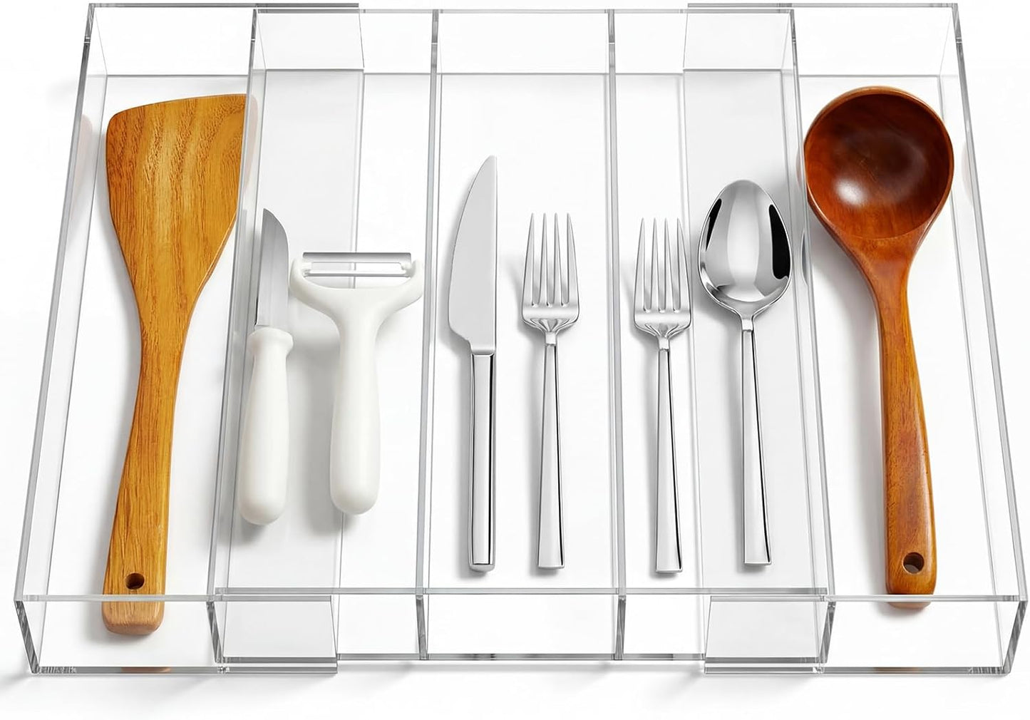 Teenyyou 1 Pack Expandable Kitchen Drawer Organizer Clear Acrylic Utensil Organizer Adjustable Acrylic Silverware Storage for Drawers Silverware Flatware Knives (12 x 16 Inches,6-8 Compartments)