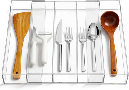 Teenyyou 1 Pack Expandable Kitchen Drawer Organizer Clear Acrylic Utensil Organizer Adjustable Acrylic Silverware Storage for Drawers Silverware Flatware Knives (12 x 16 Inches,6-8 Compartments)