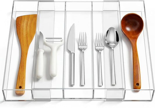 Teenyyou 1 Pack Expandable Kitchen Drawer Organizer Clear Acrylic Utensil Organizer Adjustable Acrylic Silverware Storage for Drawers Silverware Flatware Knives (12 x 16 Inches,6-8 Compartments)