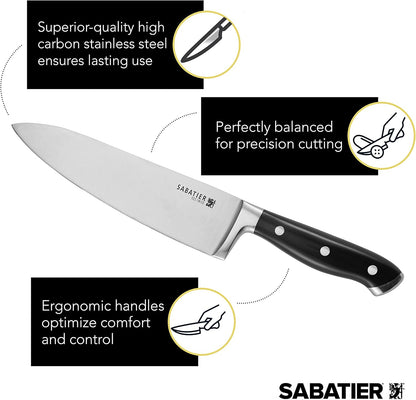Sabatier 15-Piece Forged Triple Rivet Knife Block Set, High-Carbon Stainless Steel Kitchen Knives, Razor-Sharp Knife set with Acacia Wood Block, White Handles