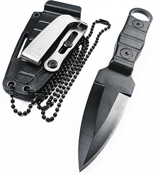 Fixed Blade Knife, Full Tang w/Kydex Sheath, Belt Clip and Necklace easy Carry, Good for Camping Hiking Knife, Fishing Hunting edc MIN Knife Black