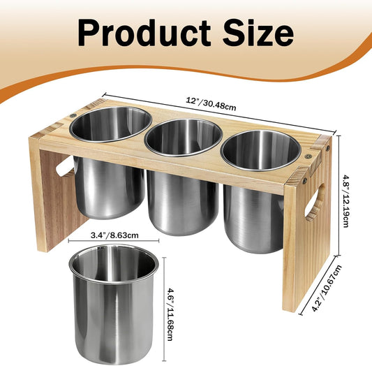 3 Pack Silverware Holder, Stainless Steel Kitchen Utensil Organizer with Wood Base - Countertop Flatware Caddy for Knives, Spoons, Forks - Great for Cabinet, Pantry, Table Organization (Wood grain)