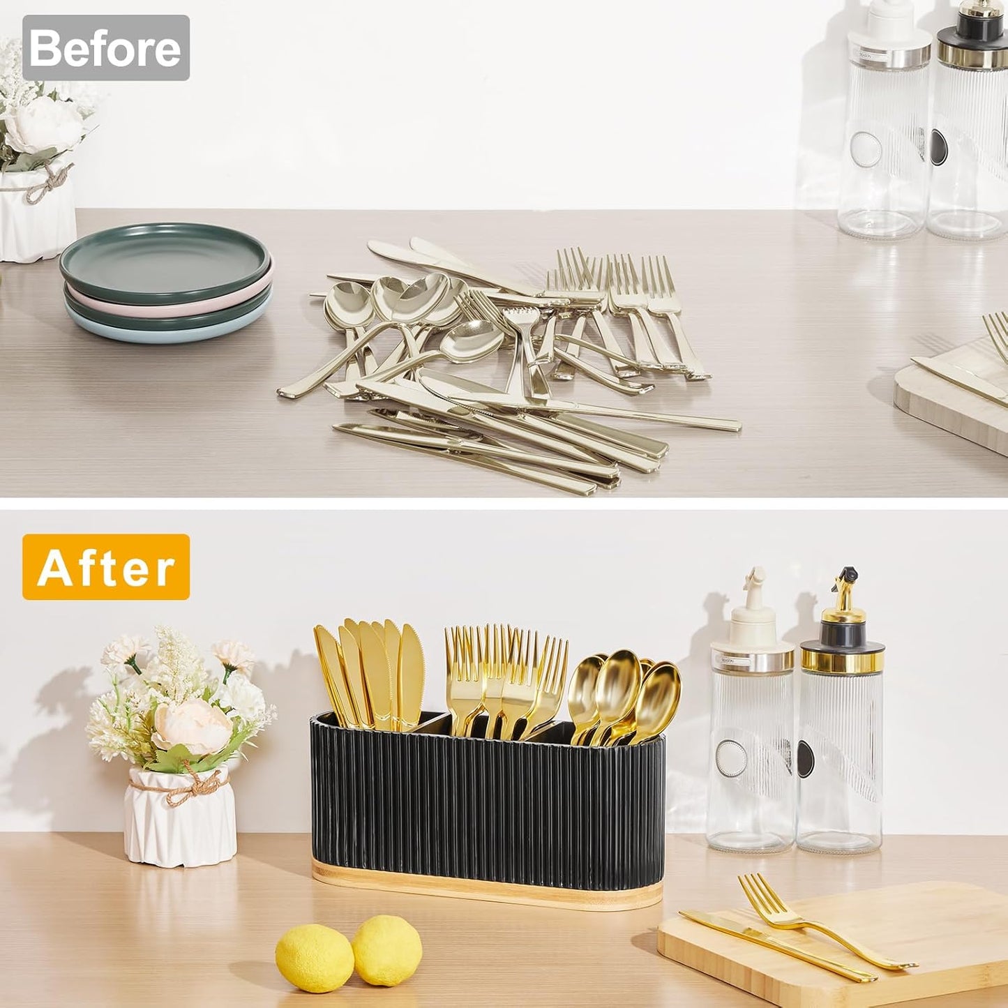 HouseJoy Countertop Silverware Holder, Silverware Caddy Organizer Holder for Forks, Spoons, Knives, Cutlery Caddy with 3 Compartments, Kitchen Utensil Holder for Party, Countertop
