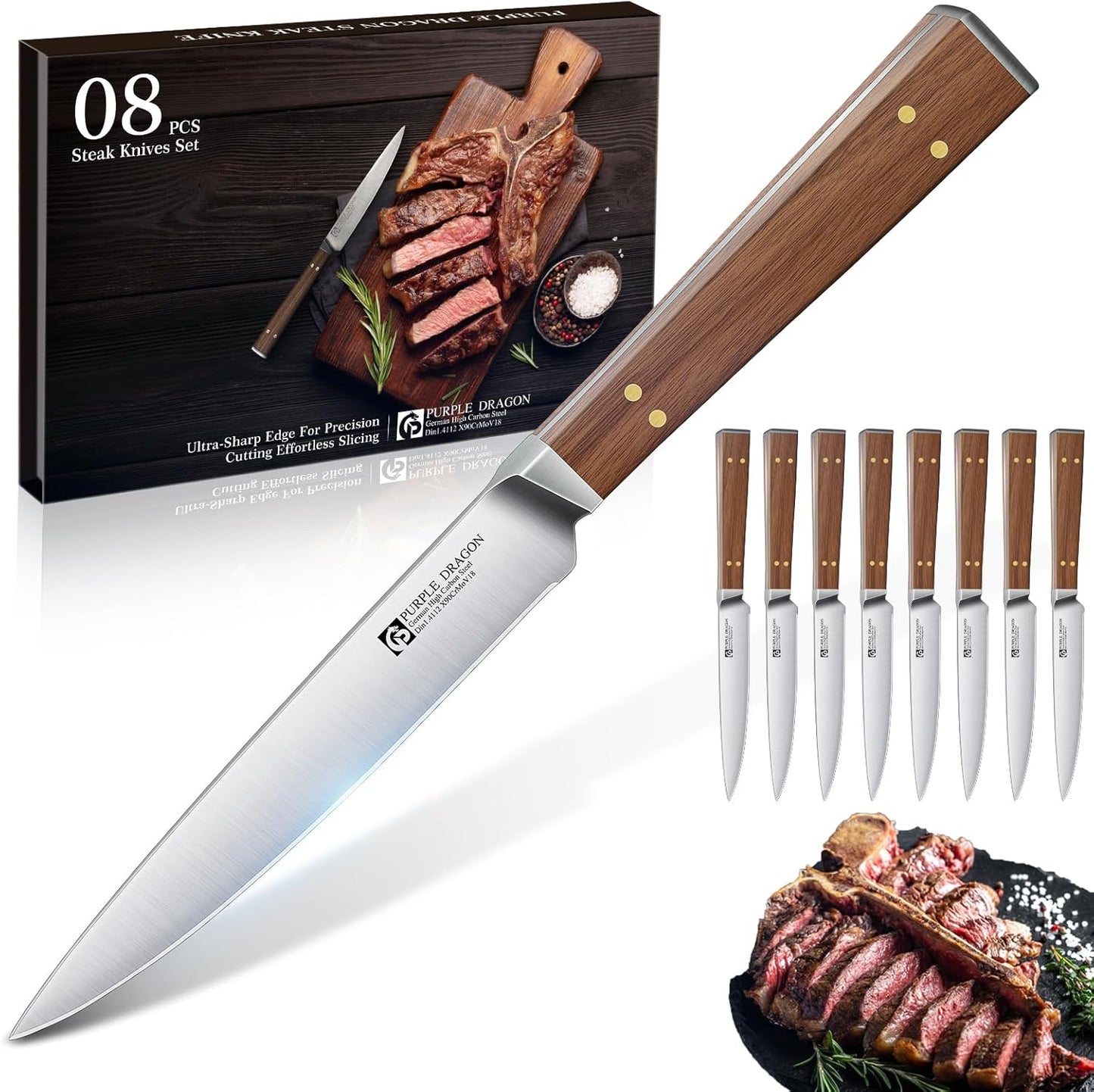 Purple Dragon Serrated Steak Knives Set of 4 - High Carbon German Steel Steak Knife Set with Square Wooden Handle - Effortless Cutting - Christmas Gift for Men and Women