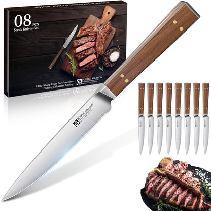 Purple Dragon Serrated Steak Knives Set of 4 - High Carbon German Steel Steak Knife Set with Square Wooden Handle - Effortless Cutting - Christmas Gift for Men and Women