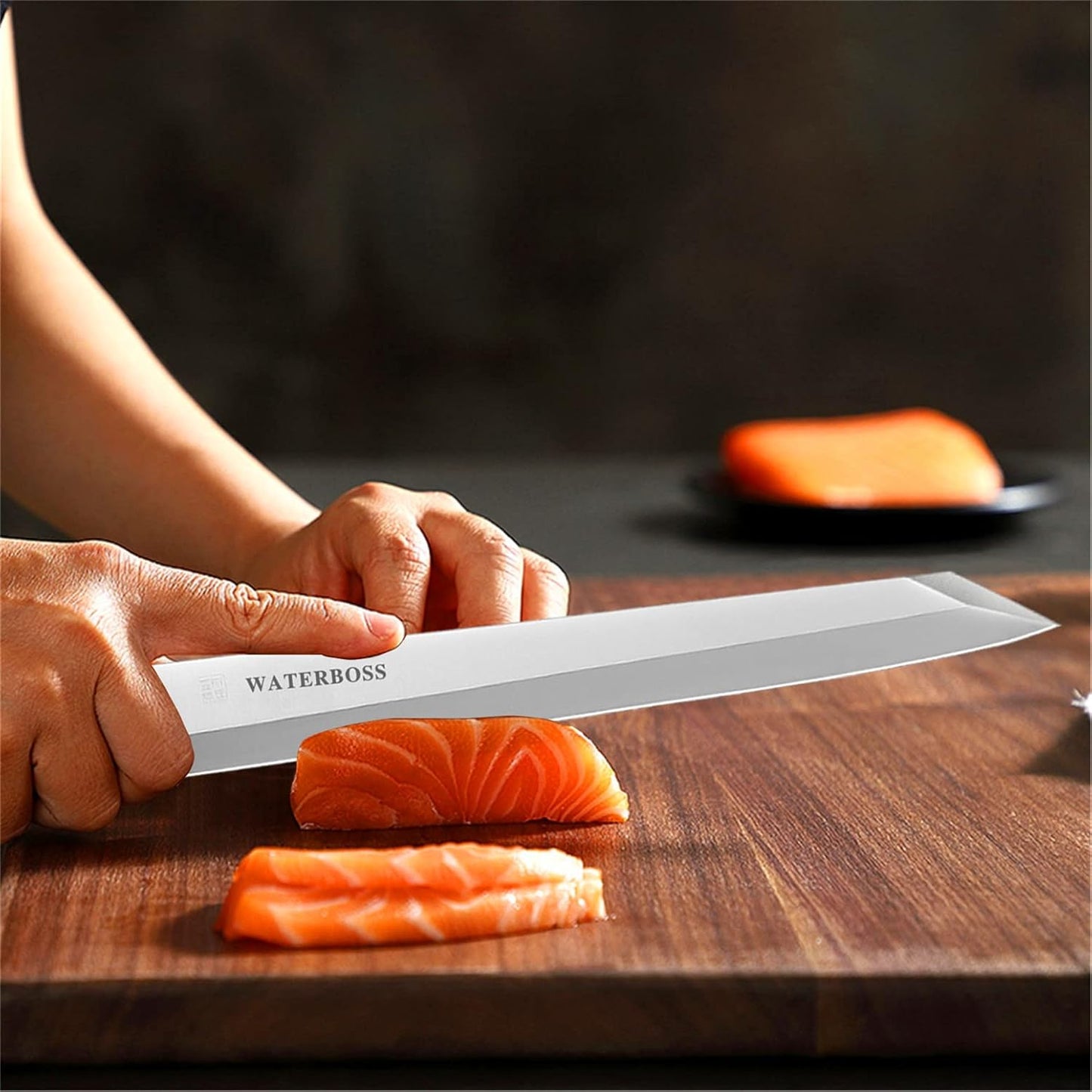 Waterboss,Japanese Sushi Chef Knife Salmon Knife Slicer Razor Sharp Sashimi Watermelon Knives, 5Cr15mov Stainless Steel Sashimi Yanagiba Knife, Maple Handle, 11.8inch (300mm)