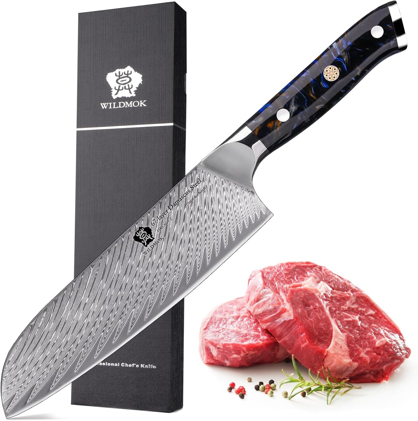 WILDMOK Santoku Knife 7 Inch kitchen knife, Ultra Sharp with Japanese Damascus Forged Santoku Knife, Ergonomic Resin Handle, cooking gifts with gift box