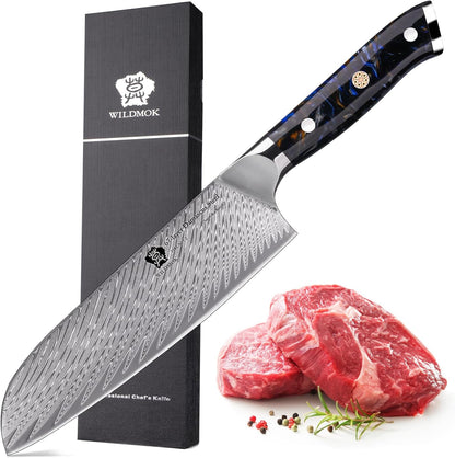 WILDMOK Santoku Knife 7 Inch kitchen knife, Ultra Sharp with Japanese Damascus Forged Santoku Knife, Ergonomic Resin Handle, cooking gifts with gift box