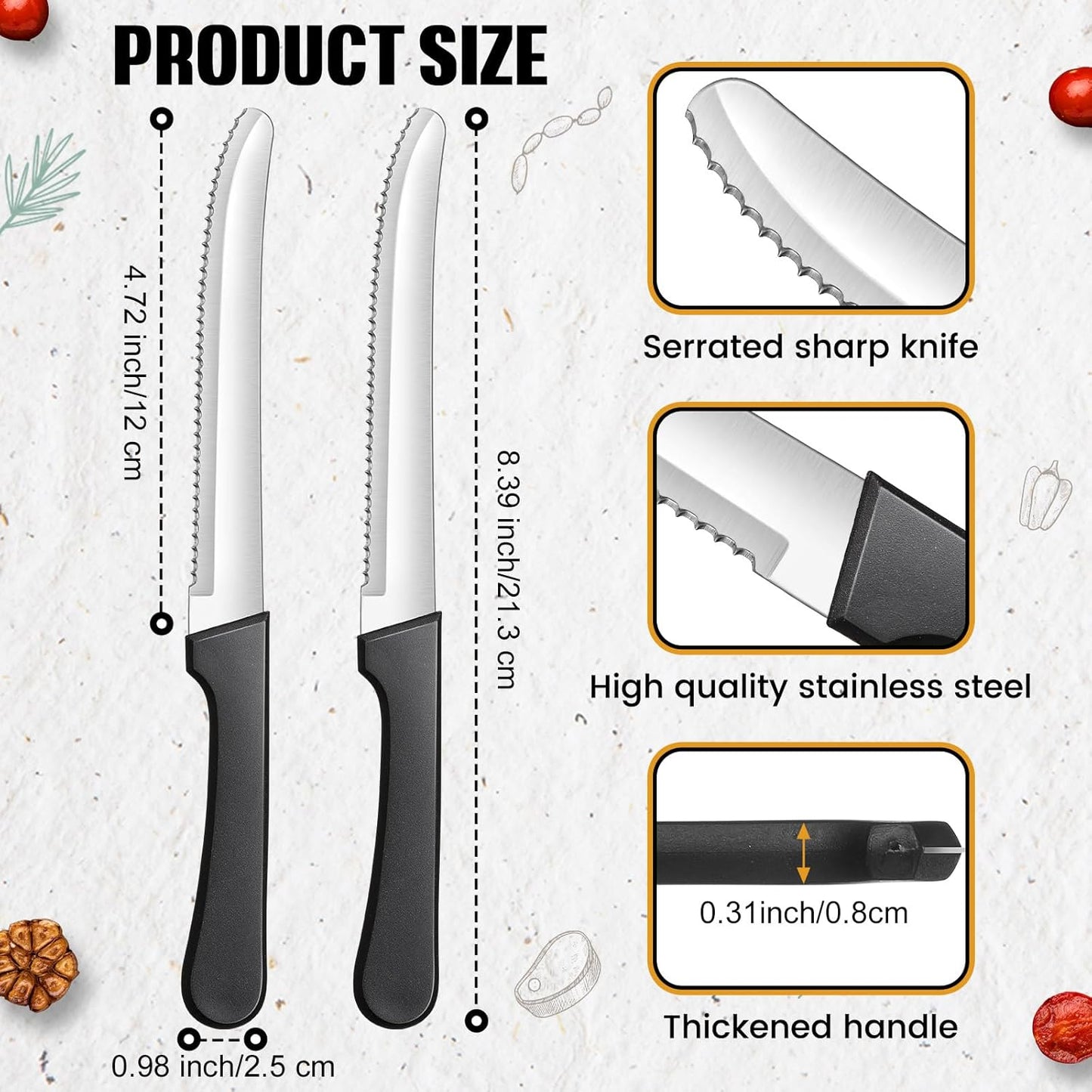 Zhehao 30 Pack Serrated Steak Knives Bulk Stainless Steel Steak Knife Rounded Blade 8.39 Inches Plastic Handle for Home Kitchen Restaurant