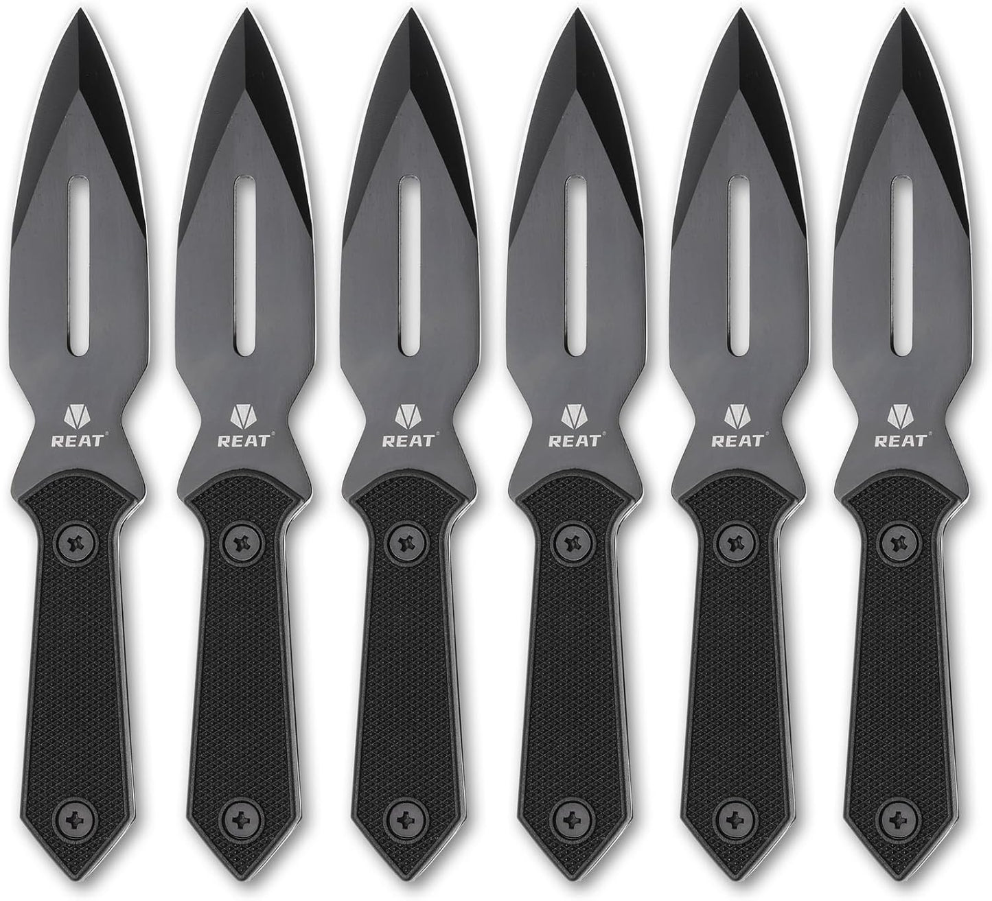 REAT Throwing Knives - 6 Piece, 7.5" 440 Stainless Steel with No-Slip Handle, Includes Nylon Carrying Case for Safe Storage, Ninja Kunai Knife for Competition, Training, Recreation (Black)