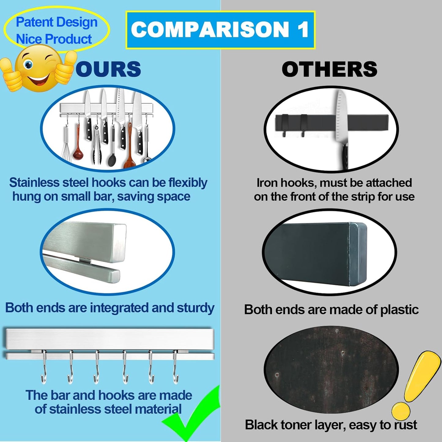 YIIYIIN Strong Magnetic Knife Holder for Wall, 17 Inch No-Drill Knife Strip with 12 Hooks & Adhesive, Holds Kitchen Utensils & Tools