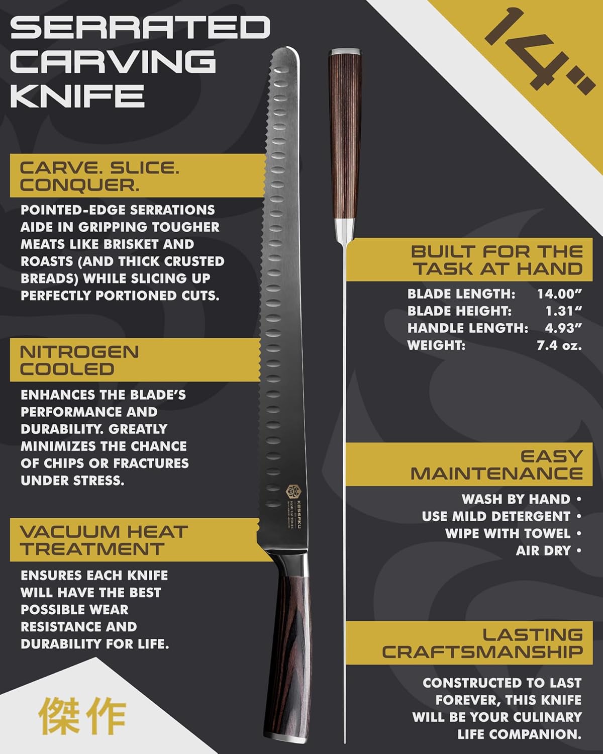 KESSAKU 14-Inch Slicing Carving Knife - Samurai Series - Serrated Granton Edge - Forged High Carbon 7Cr17MoV Stainless Steel - Pakkawood Handle with Blade Guard
