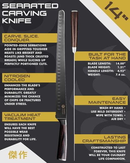 KESSAKU 14-Inch Slicing Carving Knife - Samurai Series - Serrated Granton Edge - Forged High Carbon 7Cr17MoV Stainless Steel - Pakkawood Handle with Blade Guard