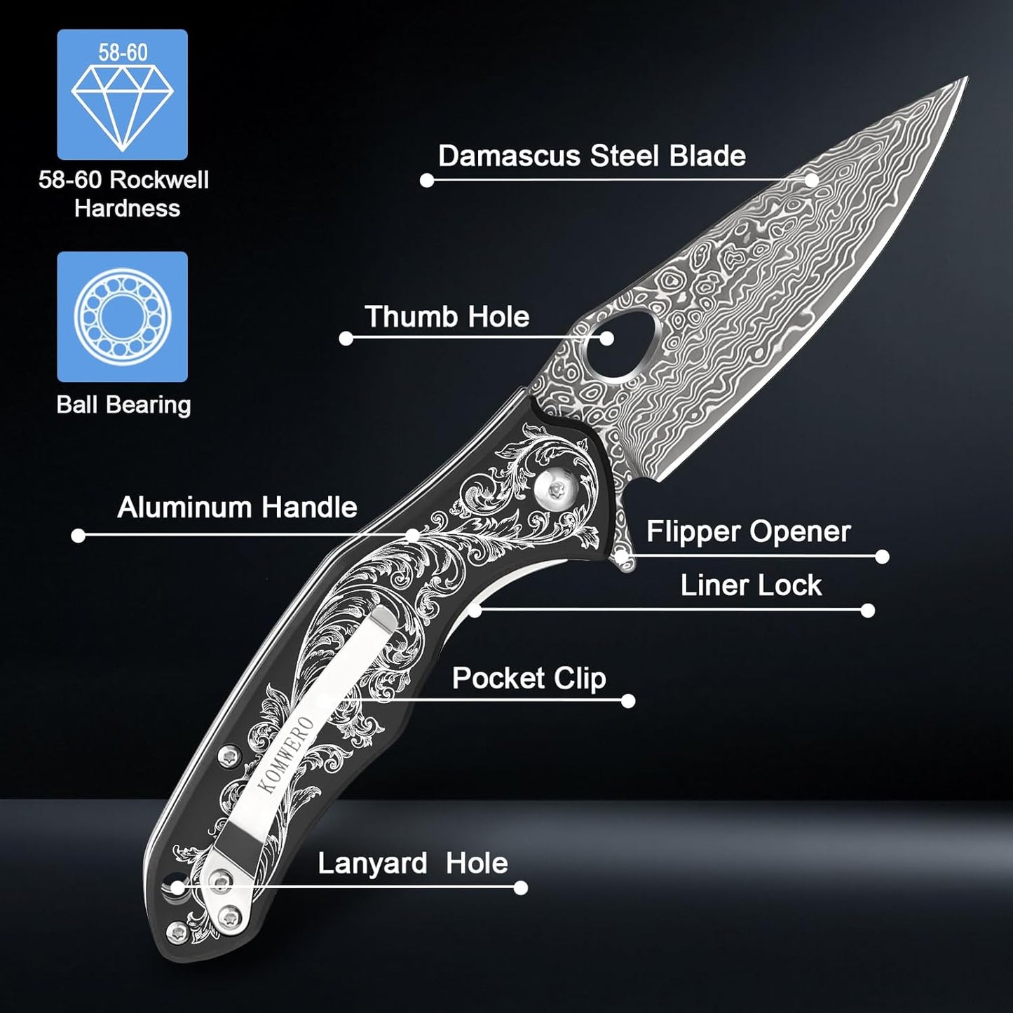 KOMWERO Damascus Pocket Knife for Men, VG10 Core Damascus Steel Folding Knife with Wood Handle, Ball Bearing, Thumb Hole, Liner Lock, Sheath for EDC Outdoor Survival Hunting