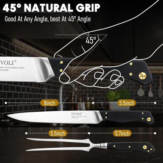 TIVOLI Turkey Carving Knife Set, Carving Fork & Knife for Roast, Meat, BBQ, Brisket, Razor Sharp Premium German Steel Full Tang 8-Inch Slicing Knife with 6.5-Inch Fork Set, Ergonomic Handle- Gift Box