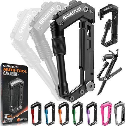 Carabiner Multitool 8-in-1 EDC Carabiners Pocket Knife, Serrated Knife, Rope Cutter, Screwdriver, Can Bottle Opener, Ruler, Survival Gear for Camping Climbing Hiking, Gifts for Men (Black)