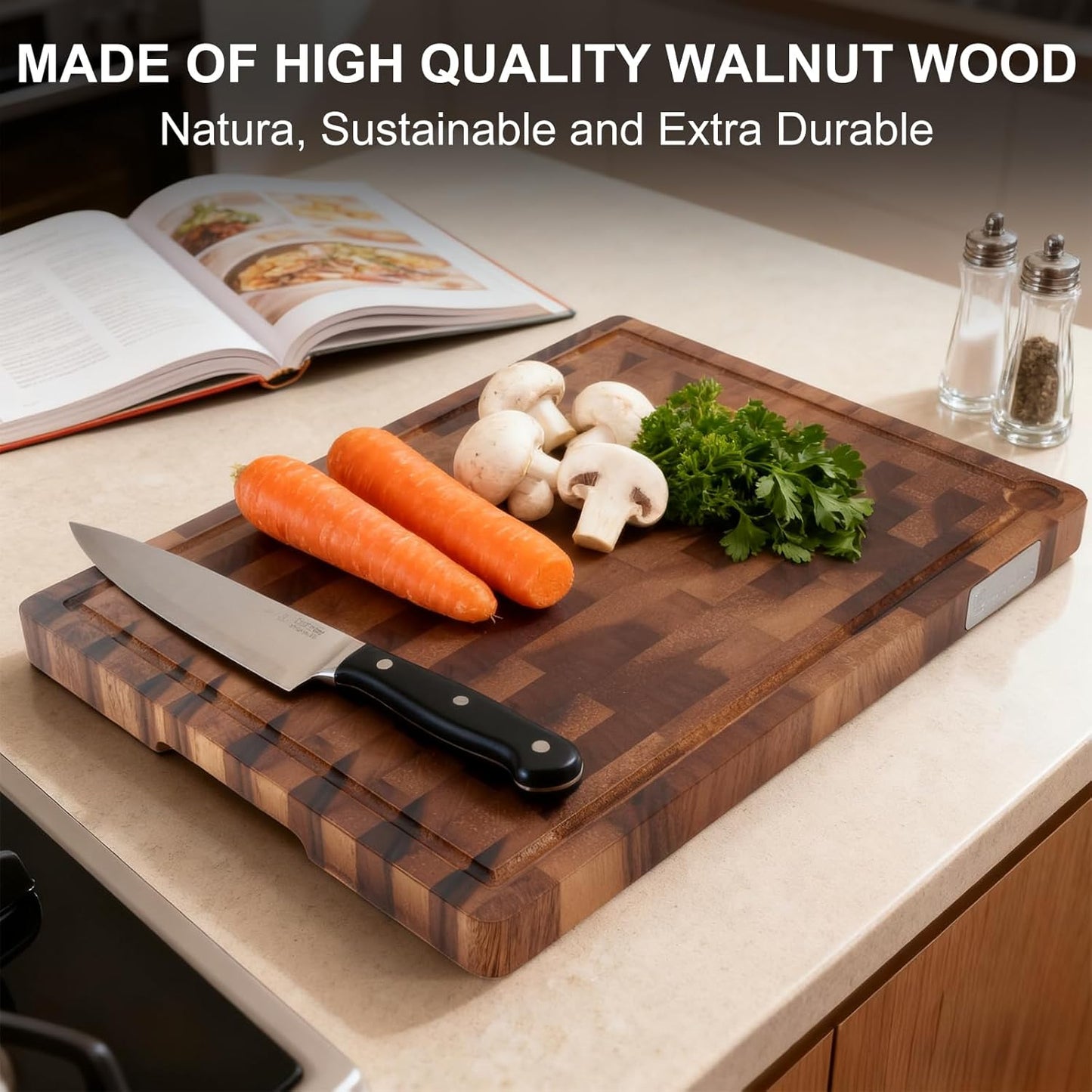 Walnut Wood Cutting Board 17x13x1.2'', Butcher Block Wooden Cutting Boards for Kitchen, Premium Walnut Cutting Board with Juice Groove, End Grain Cutting Board with Built-in Handle