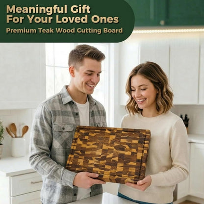 Teak Cutting Board - End Grain Butcher Block, 20 x 14 x 1.5 Inch Large Wood Board with Juice Groove & Side Handles, Extra Thick Carving Board for Meat Prep, BBQ & Charcuterie