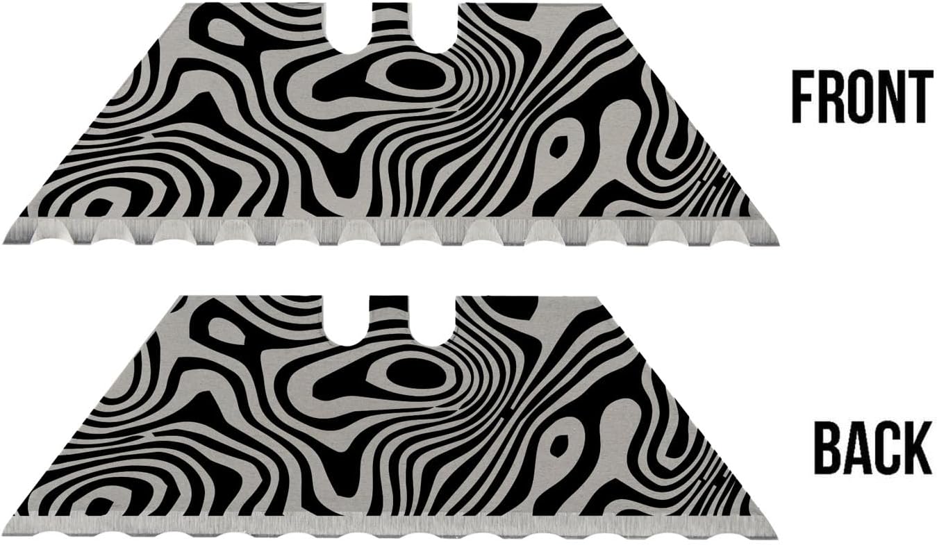 NDZ Performance Serrated Steel Blade Replacement for Utility Knife & Box Cutters, Custom Double Sided Laser Engraved Designs, Silver - Skull - 3 Pack