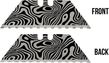 NDZ Performance Serrated Steel Blade Replacement for Utility Knife & Box Cutters, Custom Double Sided Laser Engraved Designs, Silver - Skull - 3 Pack