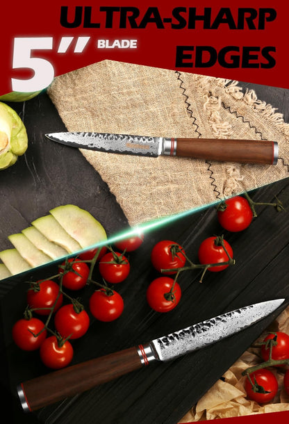 YOUSUNLONG Utility Knife Kitchen 5 Inch Petty Knife - Japanese Hammered Damascus Steel - Razor Sharp Blade - Natural Walnut Wooden Handle