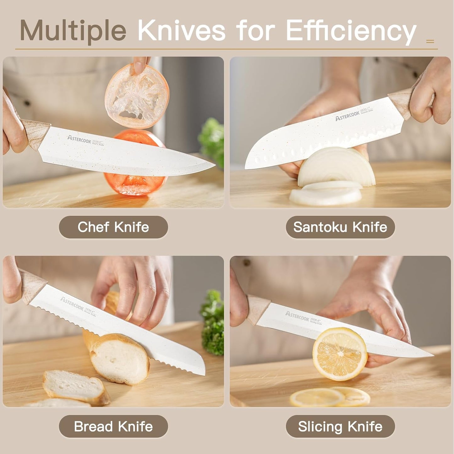 Astercook Knife Set, 13 Pieces Kitchen Knives Set with Ceramic Coating, Stainless Steel Chef Knife Sets with 6 Blade Guards, Dishwasher Safe Knives with Wooden Handle, White Mothers Day Gifts