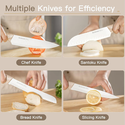 Astercook Knife Set, 13 Pieces Kitchen Knives Set with Ceramic Coating, Stainless Steel Chef Knife Sets with 6 Blade Guards, Dishwasher Safe Knives with Wooden Handle, White Mothers Day Gifts