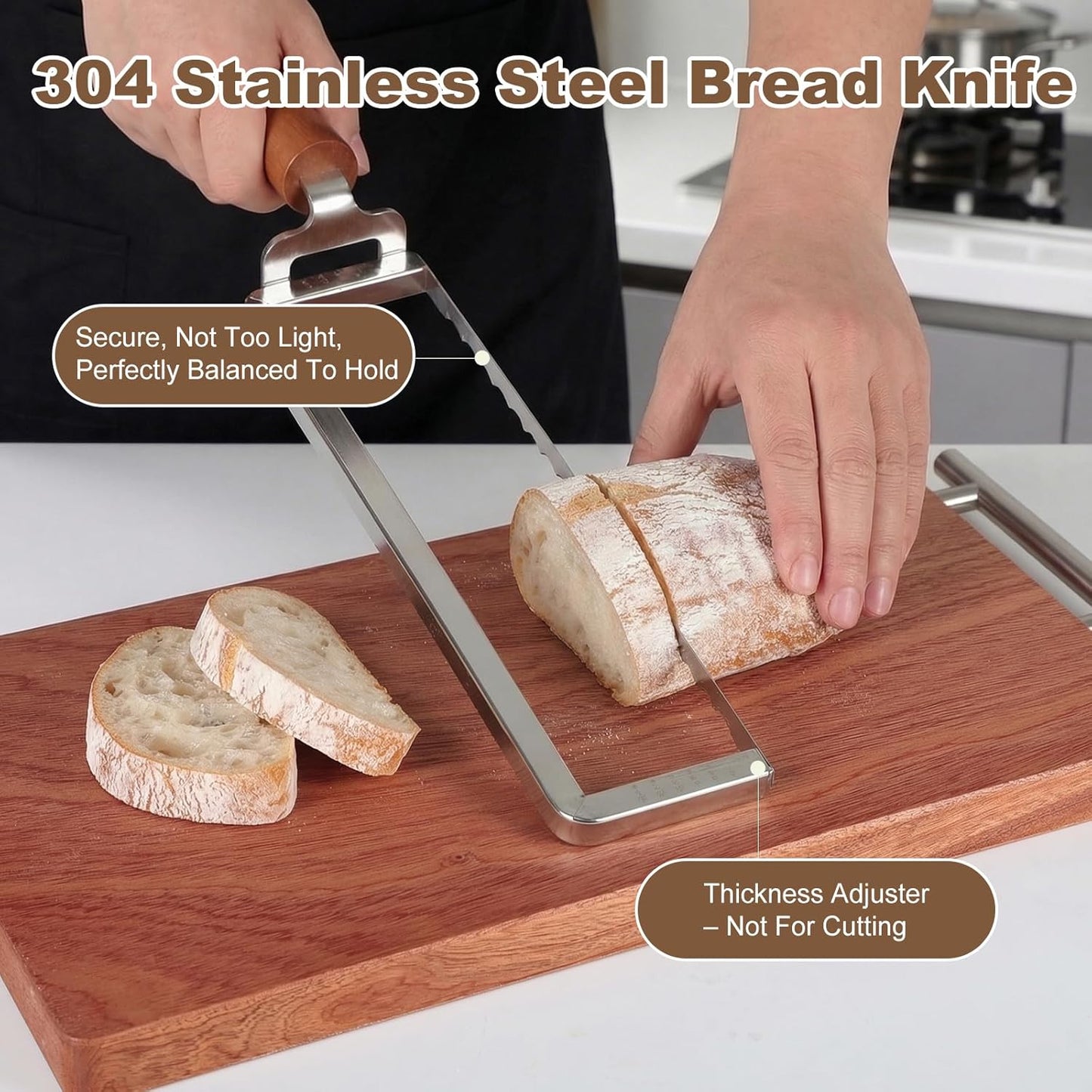 Sourdough Bread Slicer for Homemade Bread, Stainless Steel Serrated Bread Knife with Wooden Handle and 6 Precise Scale Markings, Manual Bread Slicer Cutter, Bread Bow Knife
