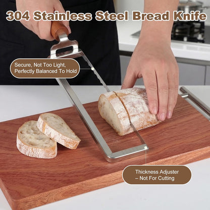 Sourdough Bread Slicer for Homemade Bread, Stainless Steel Serrated Bread Knife with Wooden Handle and 6 Precise Scale Markings, Manual Bread Slicer Cutter, Bread Bow Knife