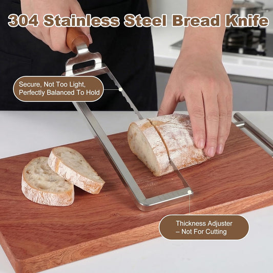 Sourdough Bread Slicer for Homemade Bread, Stainless Steel Serrated Bread Knife with Wooden Handle and 6 Precise Scale Markings, Manual Bread Slicer Cutter, Bread Bow Knife
