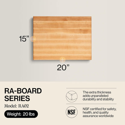 John Boos Handle Boards Series Rectangular Wooden Maple Cutting Board 24”x18” – 2.25” Thick, 30-lb Reversible Butcher Block with Juice Groove, Edge-Grain & Metal Handles