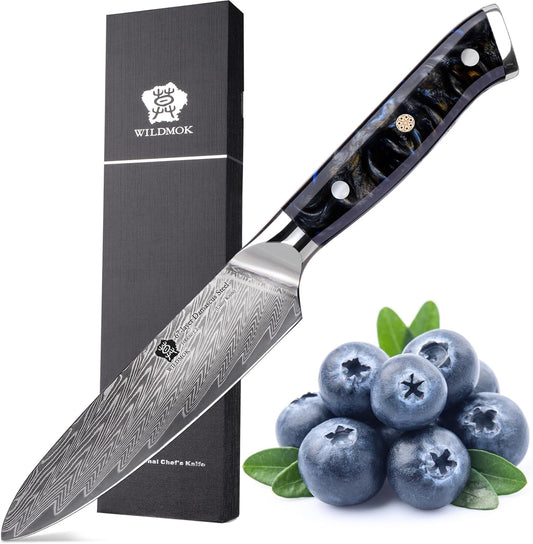 WILDMOK Japanese Damascus Steel Utility Knife, Multipurpose Super Sharp, Slicing, Mincing, Chopping, Peeling, Dicing