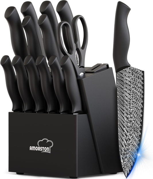 Knife Set, Amorston 15 Pieces Kitchen Knife Set with Built in Knife Sharpener, High Carbon German Stainless Steel Knife Block Set, Black Dishwasher Safe Knives Set, Valentine's Gift