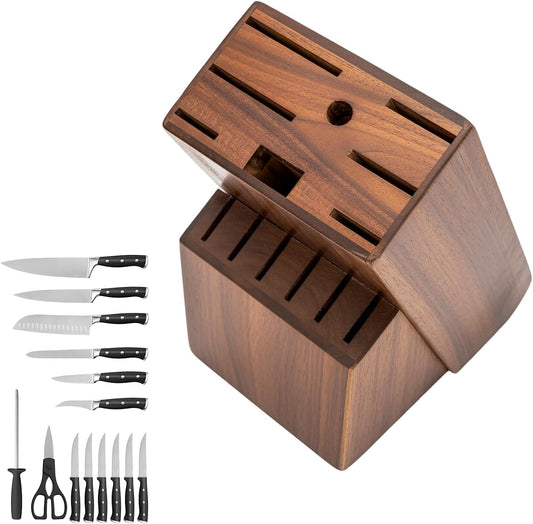 14-Slot Knife Block Compatible with Cuisinart,Rubberwood Block Knife Storage Organizer for Kitchen,Anti-Slip And Drainage Base