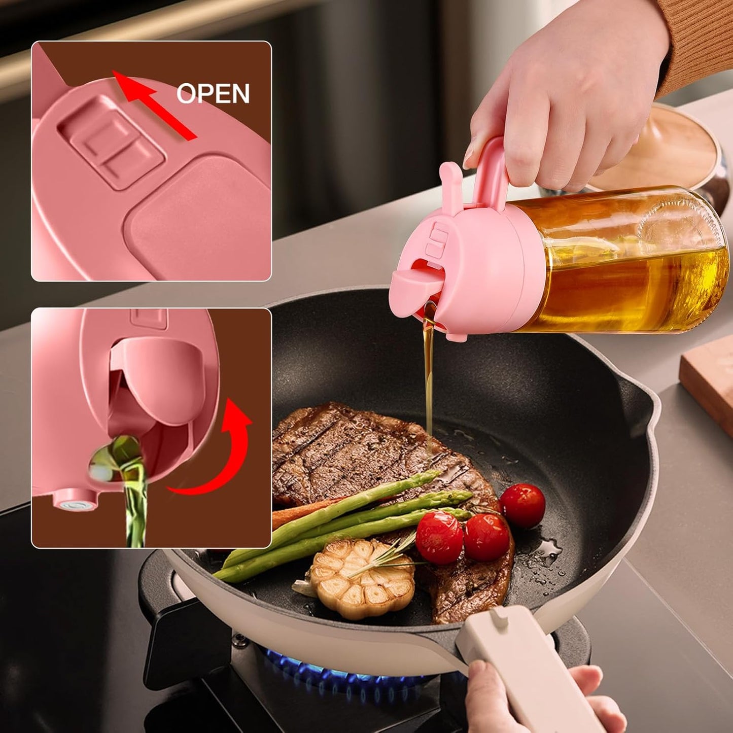 YARRAMATE 16oz/470ml Glass Olive Oil Sprayer for Cooking with Stickers, 2 in 1 Oil Dispenser for Kitchen Gadgets, Food Grade Premium Spray Bottle for Salad, Frying, BBQ (Creamy White)