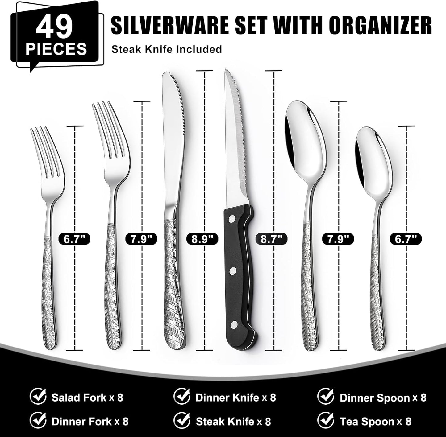 49-Piece Silverware Set with Organizer, Heavy Duty Stainless Steel Flatware Set for 8, Cutlery Utensil Sets with Steak Knives, Rust-proof, Mirror Polished, Dishwasher Safe, Heavy Duty