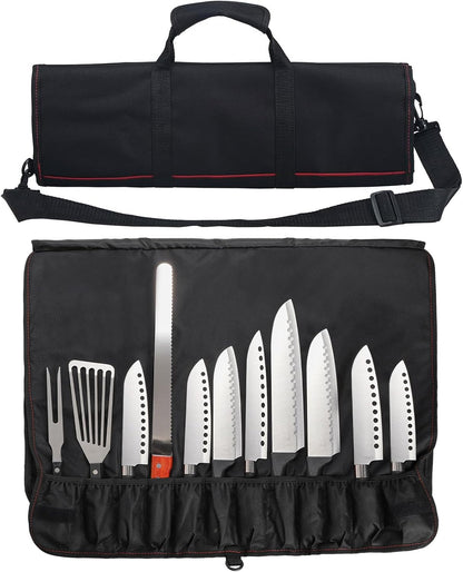 Tosnail Chef Knife Case Roll Bag with 21 Slots & 1 Large Zipper Pocket, Easy Carry Handle and Shoulder Strap - Black