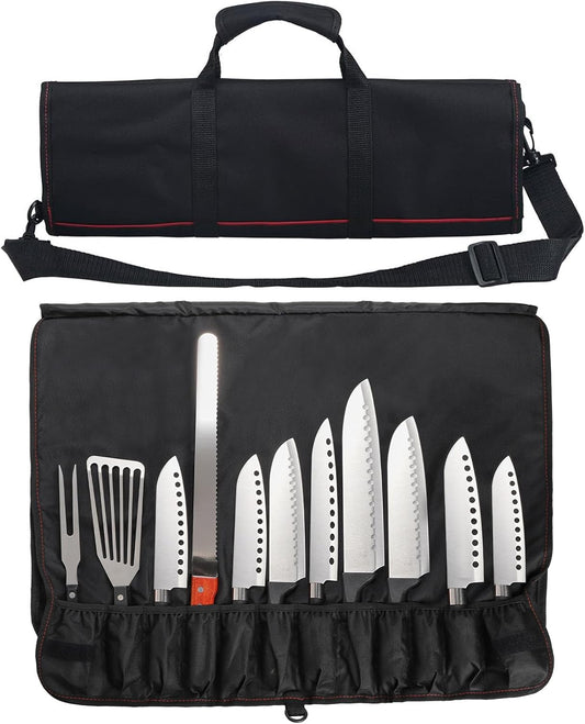 Tosnail Chef Knife Case Roll Bag with 21 Slots & 1 Large Zipper Pocket, Easy Carry Handle and Shoulder Strap - Black