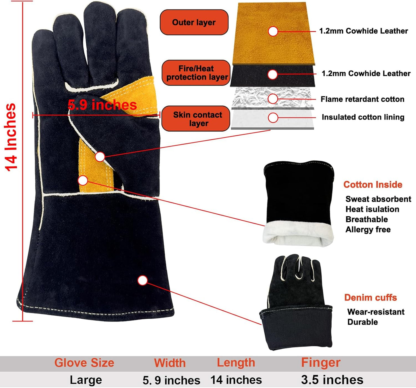 Welding Gloves 14 Inches, Heat Resistant 932 Leather Welders Gloves for MIG, TIG, Stick, Long Sleeve Grill Gloves for Welding, Fireplace, BBQ, Oven, Furnace, Wood Stove, Animal Handling Grey