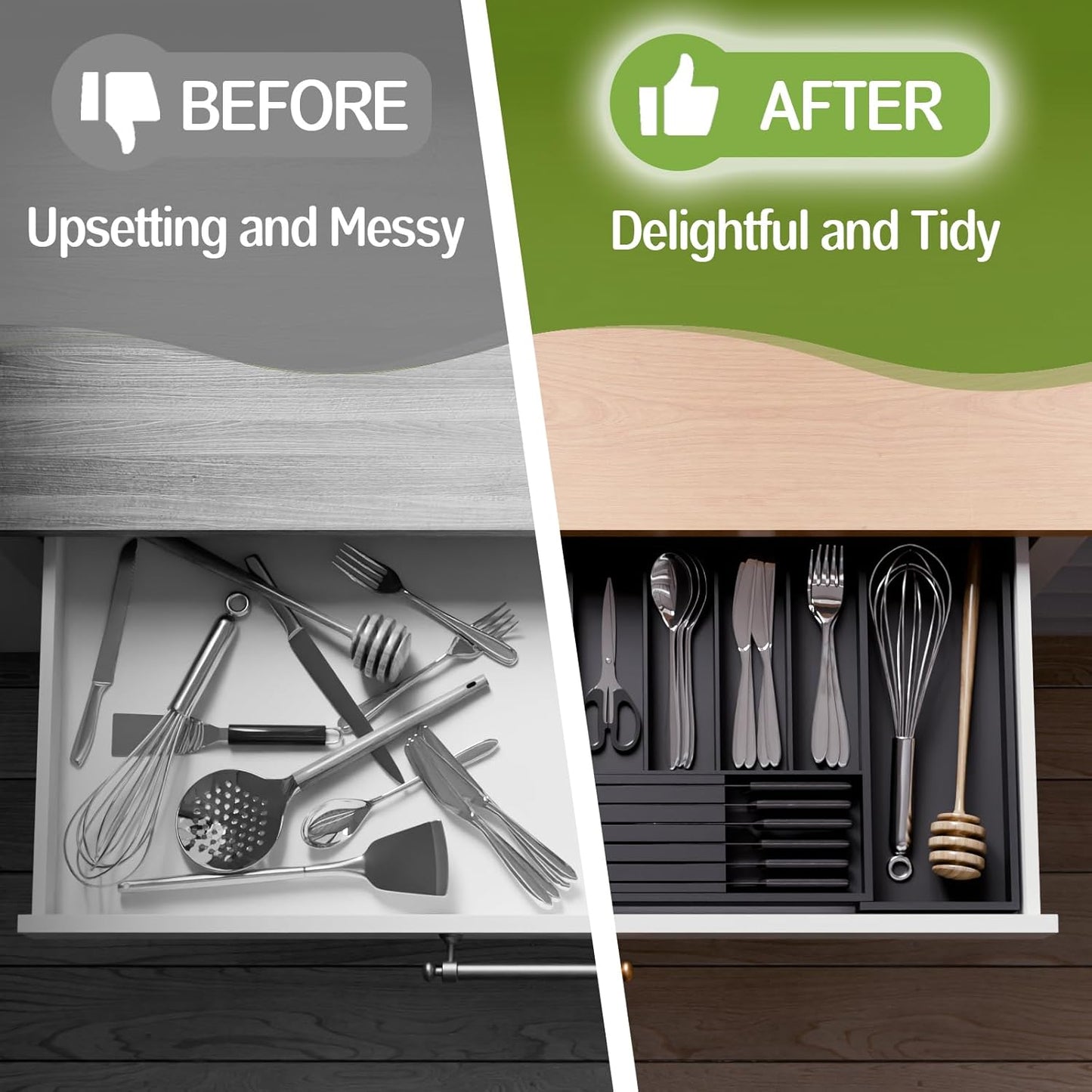 Bamboo Kitchen Silverware Drawer Organizer - Expandable Wood Utensil Holder with Dividers, Luxury Cutlery Storage Tray for Kitchen Utensil and Flatware (5-7 Slots with Removable Knife Block, (White)