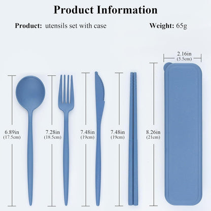 DISSKNIC Reusable Utensils Set with Case, 6 Sets Travel Utensils with Case, Wheat Straw Portable Cutlery Set Chopsticks Knives Fork and Spoon for Lunch Box Accessories